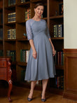 A-Linie/Princess-Linie Chiffon Spitze U-Ausschnitt 1/2 Ärmel Wadenlang Kleider für die Brautmutter