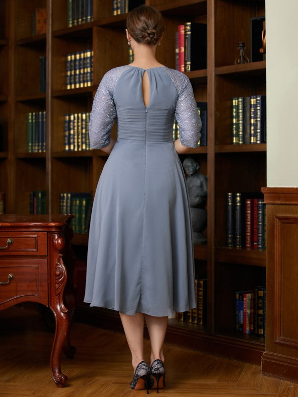 A-Linie/Princess-Linie Chiffon Spitze U-Ausschnitt 1/2 Ärmel Wadenlang Kleider für die Brautmutter