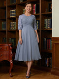 A-Linie/Princess-Linie Chiffon Spitze U-Ausschnitt 1/2 Ärmel Wadenlang Kleider für die Brautmutter