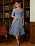 A-Linie/Princess-Linie Chiffon Spitze U-Ausschnitt 1/2 Ärmel Wadenlang Kleider für die Brautmutter