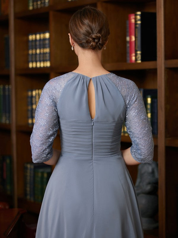 A-Linie/Princess-Linie Chiffon Spitze U-Ausschnitt 1/2 Ärmel Wadenlang Kleider für die Brautmutter