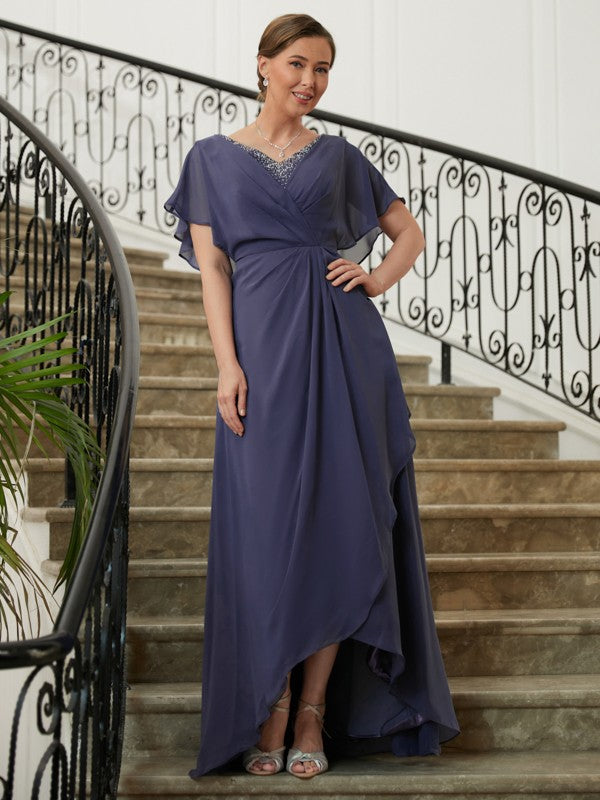 A-Linie/Princess-Linie Chiffon Perlen verziert V-Ausschnitt Kurze Ärmel Asymmetrisch Kleider für die Brautmutter