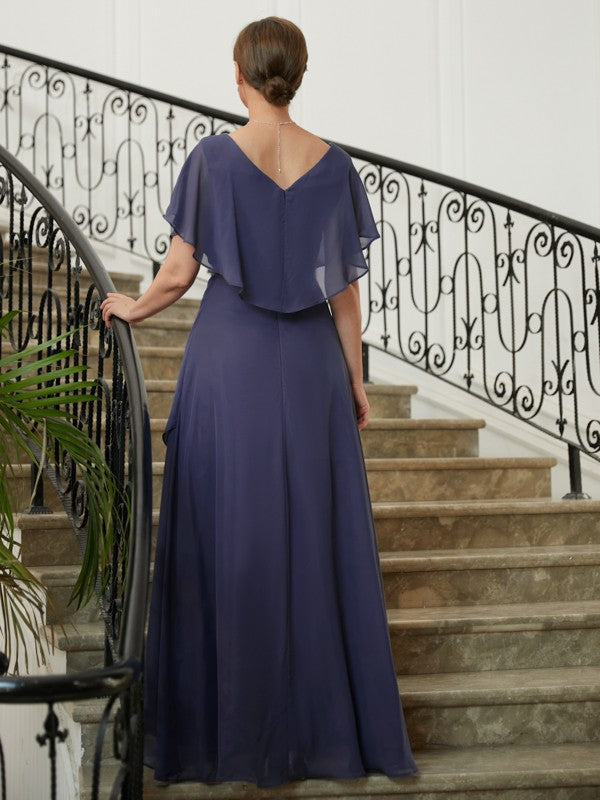 A-Linie/Princess-Linie Chiffon Perlen verziert V-Ausschnitt Kurze Ärmel Asymmetrisch Kleider für die Brautmutter