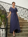 A-Linie/Princess-Linie Chiffon Perlen verziert V-Ausschnitt Kurze Ärmel Asymmetrisch Kleider für die Brautmutter