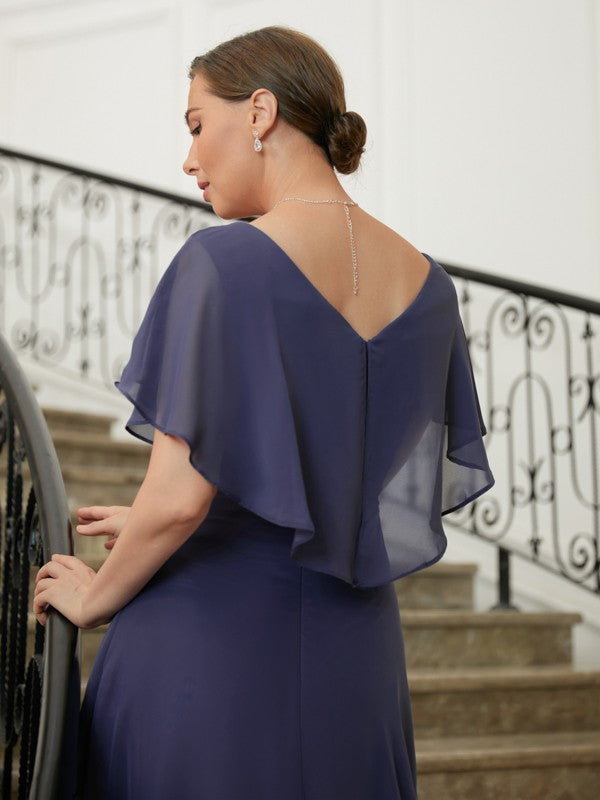 A-Linie/Princess-Linie Chiffon Perlen verziert V-Ausschnitt Kurze Ärmel Asymmetrisch Kleider für die Brautmutter