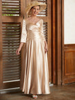 A-Line/Princess Silk like Satin Ruched V-neck 3/4 Sleeves Ankle-Length Mother of the Bride Dresses