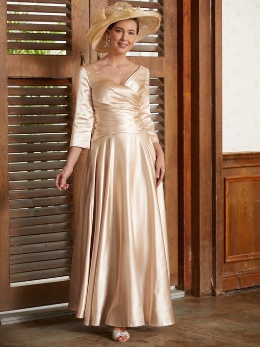 A-Line/Princess Silk like Satin Ruched V-neck 3/4 Sleeves Ankle-Length Mother of the Bride Dresses