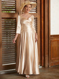 A-Line/Princess Silk like Satin Ruched V-neck 3/4 Sleeves Ankle-Length Mother of the Bride Dresses