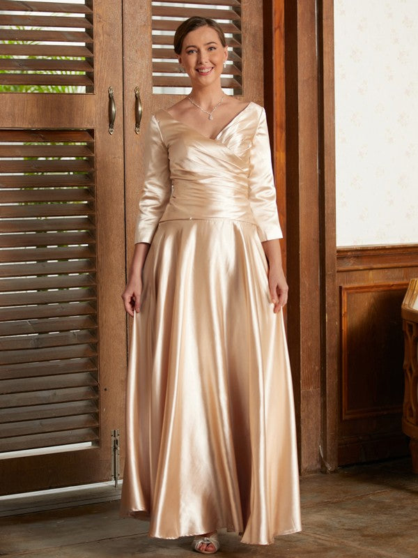 A-Line/Princess Silk like Satin Ruched V-neck 3/4 Sleeves Ankle-Length Mother of the Bride Dresses