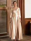 A-Line/Princess Silk like Satin Ruched V-neck 3/4 Sleeves Ankle-Length Mother of the Bride Dresses