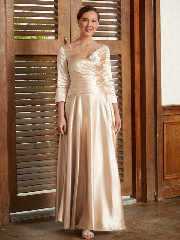 A-Line/Princess Silk like Satin Ruched V-neck 3/4 Sleeves Ankle-Length Mother of the Bride Dresses