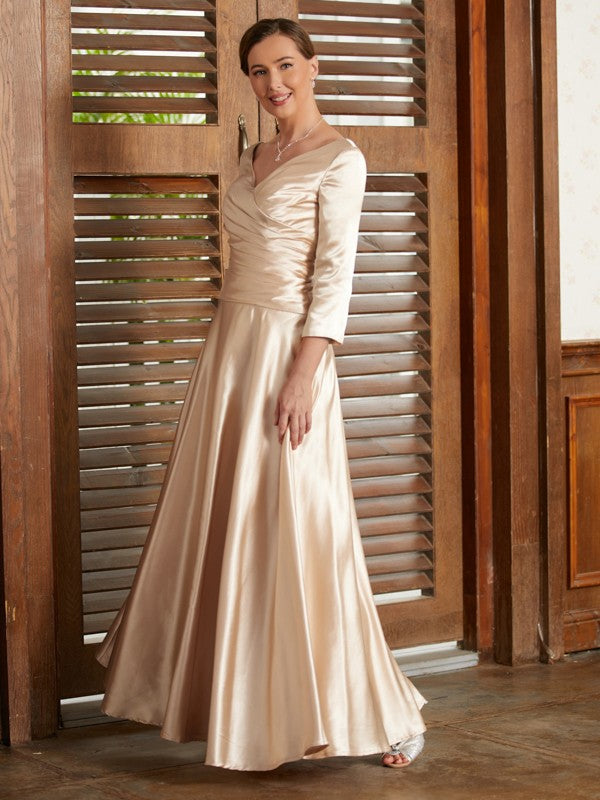 A-Line/Princess Silk like Satin Ruched V-neck 3/4 Sleeves Ankle-Length Mother of the Bride Dresses