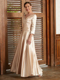 A-Line/Princess Silk like Satin Ruched V-neck 3/4 Sleeves Ankle-Length Mother of the Bride Dresses