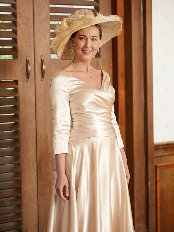 A-Line/Princess Silk like Satin Ruched V-neck 3/4 Sleeves Ankle-Length Mother of the Bride Dresses