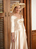 A-Line/Princess Silk like Satin Ruched V-neck 3/4 Sleeves Ankle-Length Mother of the Bride Dresses
