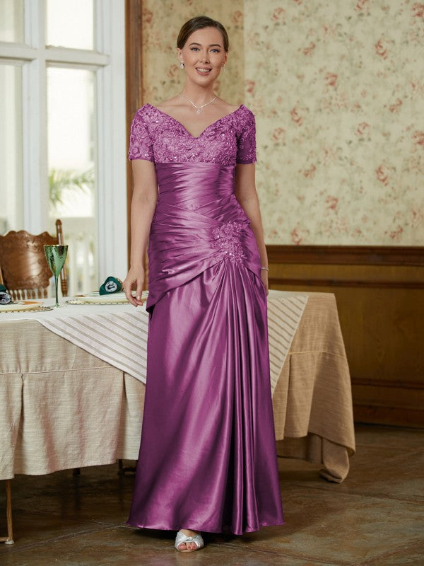 Sheath/Column Silk like Satin Applique V-neck Short Sleeves Floor-Length Mother of the Bride Dresses