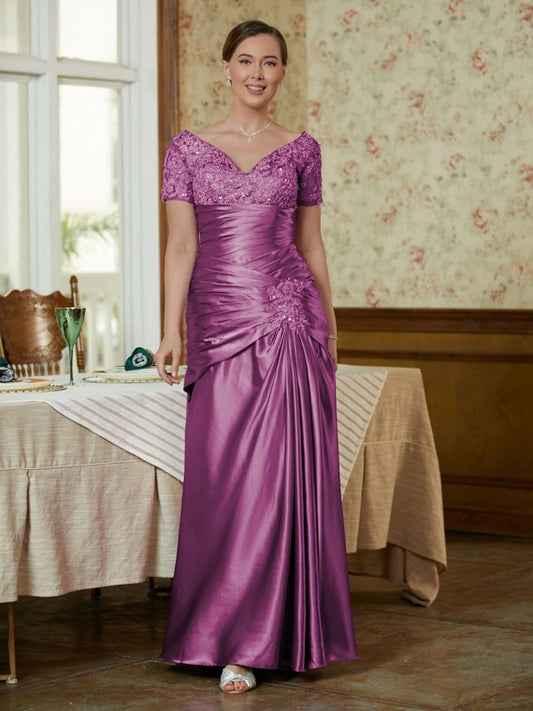 Sheath/Column Silk like Satin Applique V-neck Short Sleeves Floor-Length Mother of the Bride Dresses