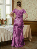 Sheath/Column Silk like Satin Applique V-neck Short Sleeves Floor-Length Mother of the Bride Dresses