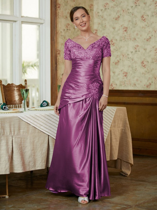 Sheath/Column Silk like Satin Applique V-neck Short Sleeves Floor-Length Mother of the Bride Dresses