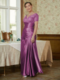 Sheath/Column Silk like Satin Applique V-neck Short Sleeves Floor-Length Mother of the Bride Dresses