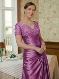 Sheath/Column Silk like Satin Applique V-neck Short Sleeves Floor-Length Mother of the Bride Dresses