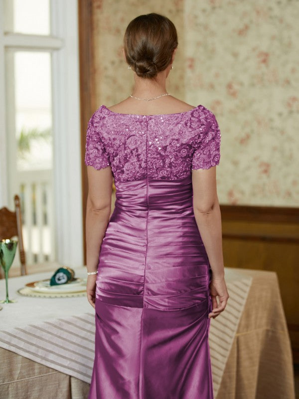 Sheath/Column Silk like Satin Applique V-neck Short Sleeves Floor-Length Mother of the Bride Dresses