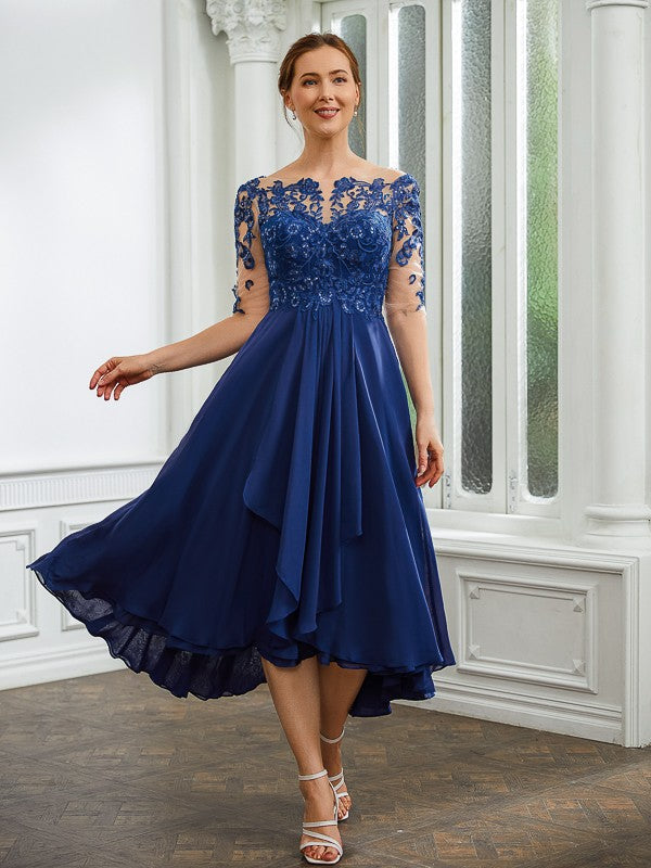 A-Linie/Princess-Linie Chiffon Applikationen Bateau-Ausschnitt 1/2 Ärmel Wadenlang Kleider für die Brautmutter
