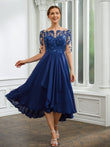 A-Linie/Princess-Linie Chiffon Applikationen Bateau-Ausschnitt 1/2 Ärmel Wadenlang Kleider für die Brautmutter