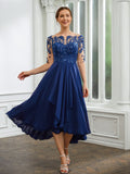 A-Linie/Princess-Linie Chiffon Applikationen Bateau-Ausschnitt 1/2 Ärmel Wadenlang Kleider für die Brautmutter