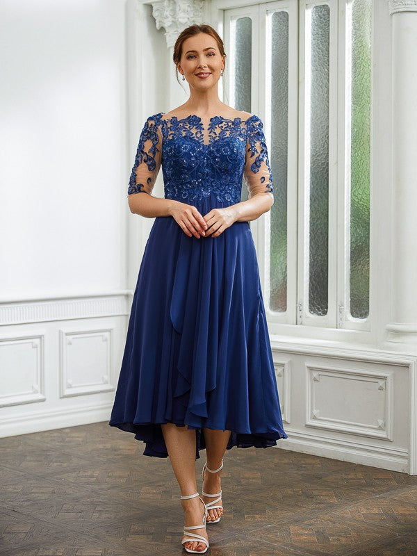 A-Linie/Princess-Linie Chiffon Applikationen Bateau-Ausschnitt 1/2 Ärmel Wadenlang Kleider für die Brautmutter
