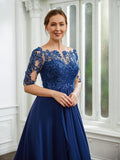 A-Linie/Princess-Linie Chiffon Applikationen Bateau-Ausschnitt 1/2 Ärmel Wadenlang Kleider für die Brautmutter
