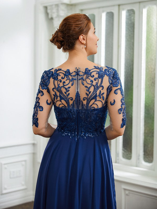A-Linie/Princess-Linie Chiffon Applikationen Bateau-Ausschnitt 1/2 Ärmel Wadenlang Kleider für die Brautmutter