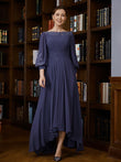 Vestidos de madre de la novia asimétricos de corte A/princesa de gasa con fruncido y escote barco y mangas 3/4