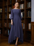 Vestidos de madre de la novia asimétricos de corte A/princesa de gasa con fruncido y escote barco y mangas 3/4