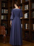 Vestidos de madre de la novia asimétricos de corte A/princesa de gasa con fruncido y escote barco y mangas 3/4
