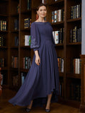 Vestidos de madre de la novia asimétricos de corte A/princesa de gasa con fruncido y escote barco y mangas 3/4