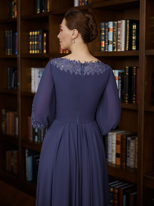 Vestidos de madre de la novia asimétricos de corte A/princesa de gasa con fruncido y escote barco y mangas 3/4