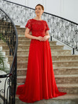 A-Line/Princess Chiffon Applique Scoop Short Sleeves Sweep/Brush Train Mother of the Bride Dresses