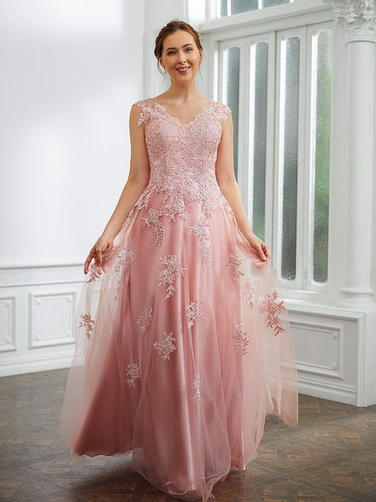 A-Line/Princess Tulle Applique V-neck Sleeveless Floor-Length Dresses Mother of the Bride Dress