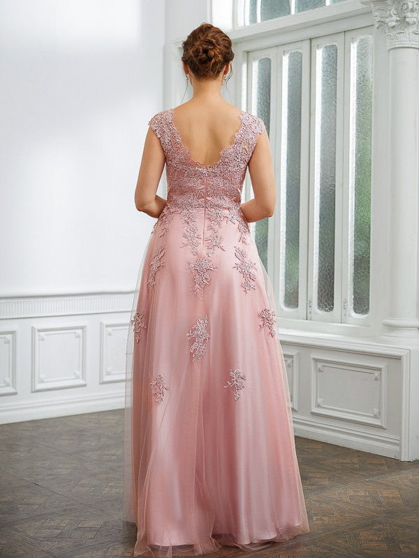 A-Line/Princess Tulle Applique V-neck Sleeveless Floor-Length Dresses Mother of the Bride Dress