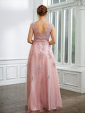 A-Line/Princess Tulle Applique V-neck Sleeveless Floor-Length Dresses Mother of the Bride Dress