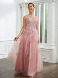 A-Line/Princess Tulle Applique V-neck Sleeveless Floor-Length Dresses Mother of the Bride Dress