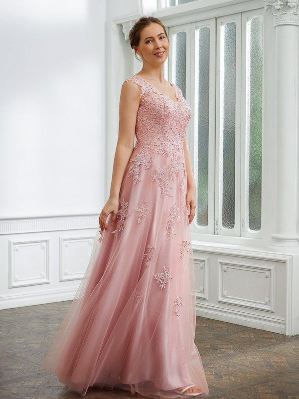 A-Line/Princess Tulle Applique V-neck Sleeveless Floor-Length Dresses Mother of the Bride Dress