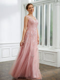 A-Line/Princess Tulle Applique V-neck Sleeveless Floor-Length Dresses Mother of the Bride Dress