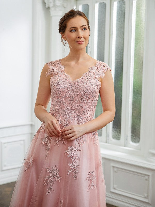 A-Line/Princess Tulle Applique V-neck Sleeveless Floor-Length Dresses Mother of the Bride Dress