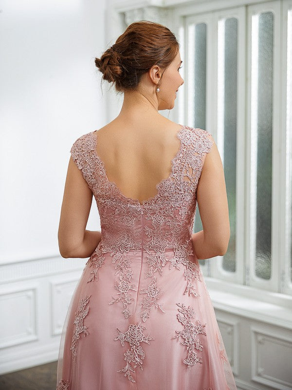 A-Line/Princess Tulle Applique V-neck Sleeveless Floor-Length Dresses Mother of the Bride Dress