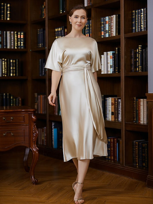 Sheath/Column Silk like Satin Ruched Scoop Short Sleeves Tea-Length Mother of the Bride Dresses
