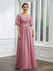 A-Line/Princess Chiffon Ruched V-neck 1/2 Sleeves Floor-Length Mother of the Bride Dresses