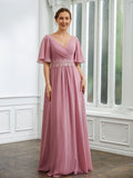 A-Line/Princess Chiffon Ruched V-neck 1/2 Sleeves Floor-Length Mother of the Bride Dresses
