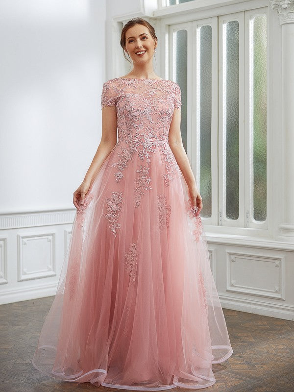 A-Linie/Princess-Linie Tüll Applikationen Bateau-Ausschnitt Kurze Ärmel Bodenlang Kleider Kleid für die Brautmutter